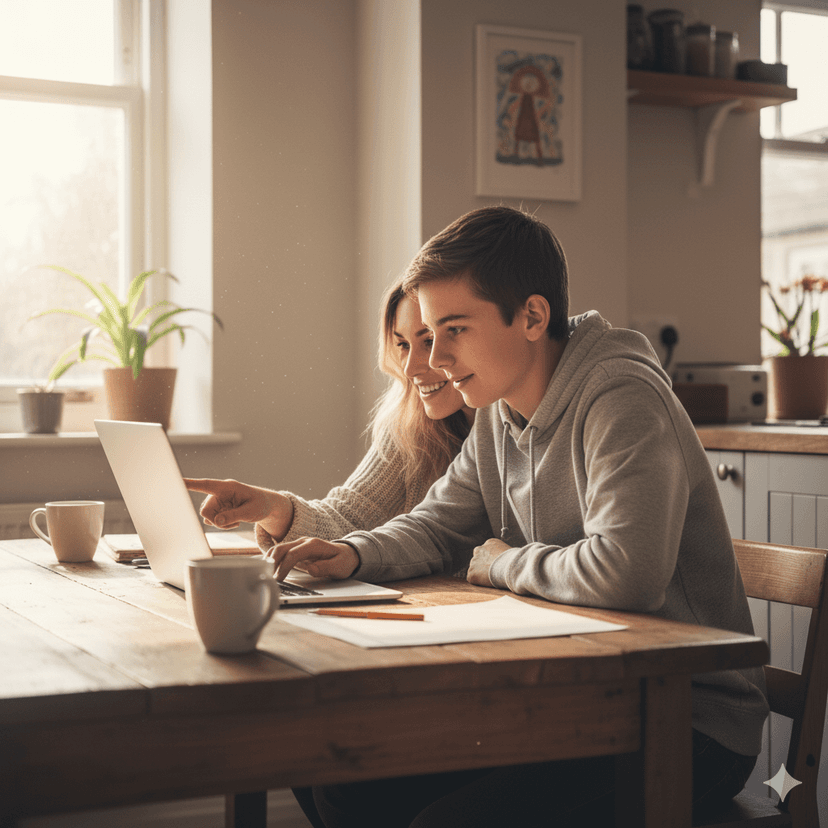 Mother and son working together